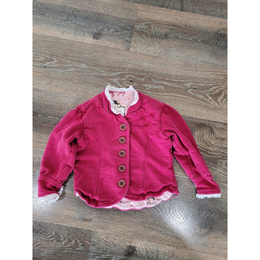 Hatley Girls 3T Berry Pink Cotton Fleece Blazer Jacket Horse Print Lace Trim #4